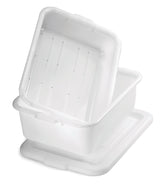 Two white rectangular NSF storage containers made of high density polyethylene are stacked askew, one angled inside the other. A matching white lid lies flat beneath them. The containers feature smooth sides and slightly rounded edges.