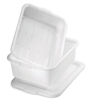 Two white rectangular NSF storage containers made of high density polyethylene are stacked askew, one angled inside the other. A matching white lid lies flat beneath them. The containers feature smooth sides and slightly rounded edges.