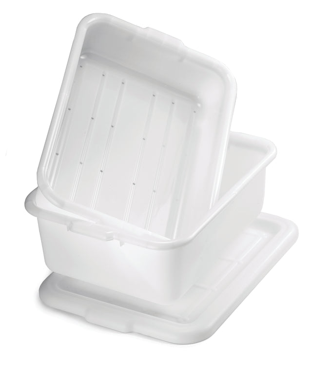 Two white rectangular NSF storage containers made of high density polyethylene are stacked askew, one angled inside the other. A matching white lid lies flat beneath them. The containers feature smooth sides and slightly rounded edges.