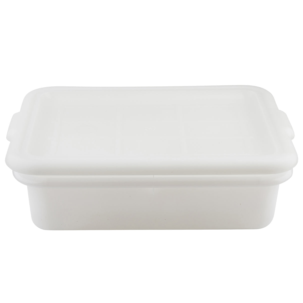 A rectangular, white, high density polyethylene storage container with a fitted lid. The container has slightly rounded edges, small handles on each side, and is dishwasher safe. It appears empty and sits against a plain white background.