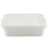 A rectangular, white, high density polyethylene storage container with a fitted lid. The container has slightly rounded edges, small handles on each side, and is dishwasher safe. It appears empty and sits against a plain white background.