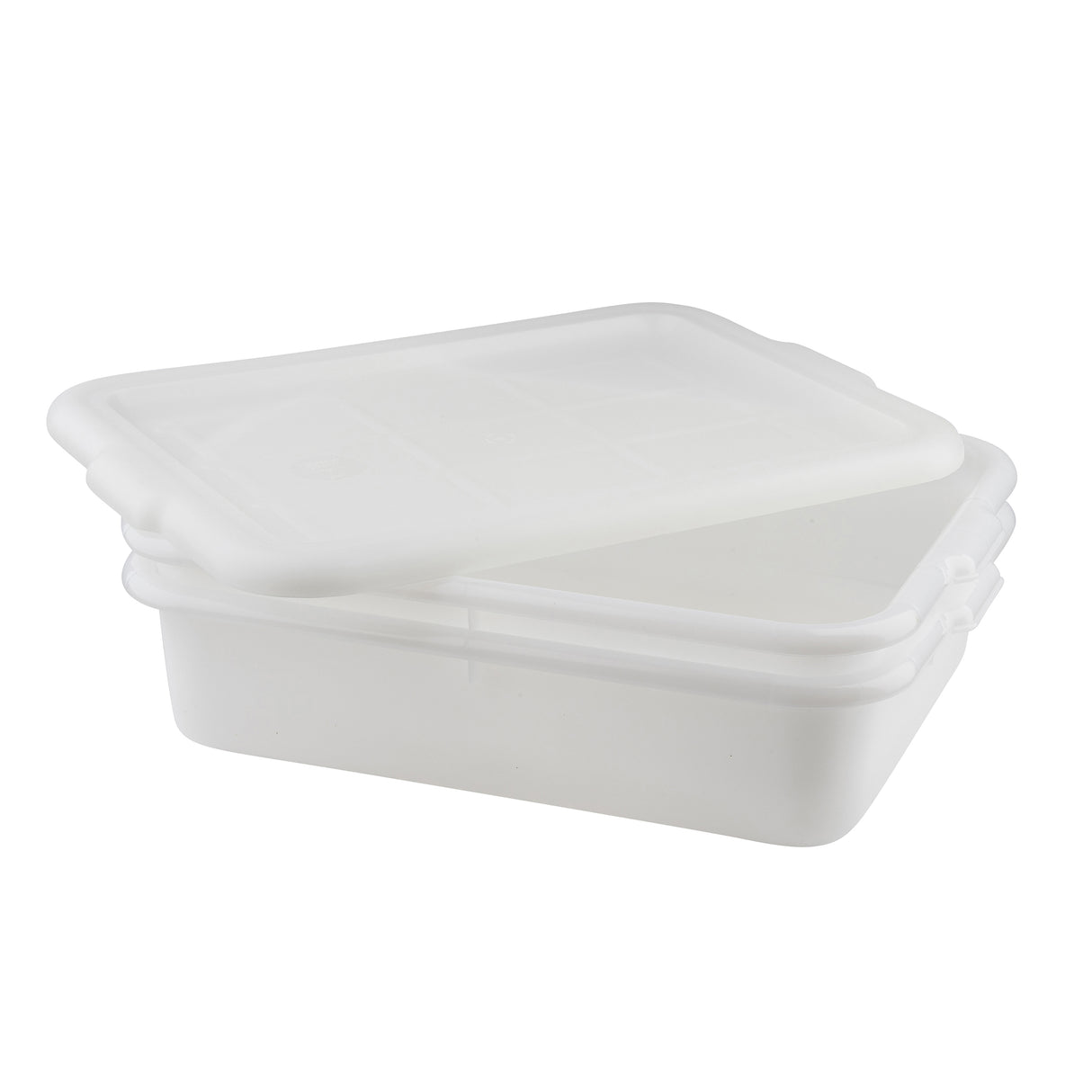 A translucent, rectangular high density polyethylene food container with a matching lid, both white with smooth, rounded edges. Dishwasher safe and appearing empty, this Freezer Drain Box sits on a plain white background.
