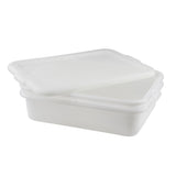 A translucent, rectangular high density polyethylene food container with a matching lid, both white with smooth, rounded edges. Dishwasher safe and appearing empty, this Freezer Drain Box sits on a plain white background.