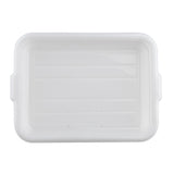 A white, rectangular high density polyethylene tray with slightly raised edges, two small side handles, and horizontal ridges along the base. The dishwasher safe tray appears empty and is photographed from above against a plain white background.