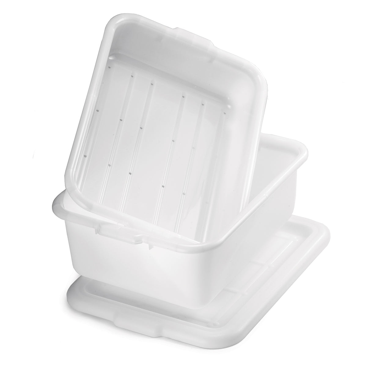 A white high density polyethylene storage container with a matching lid. The rectangular Freezer Drain Box has rounded corners, a slightly lifted ridged lid, and a smooth interior, making it both durable and dishwasher safe.