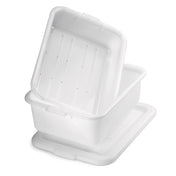 A white high density polyethylene storage container with a matching lid. The rectangular Freezer Drain Box has rounded corners, a slightly lifted ridged lid, and a smooth interior, making it both durable and dishwasher safe.