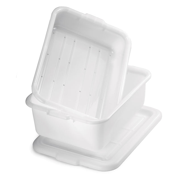 A white high density polyethylene storage container with a matching lid. The rectangular Freezer Drain Box has rounded corners, a slightly lifted ridged lid, and a smooth interior, making it both durable and dishwasher safe.