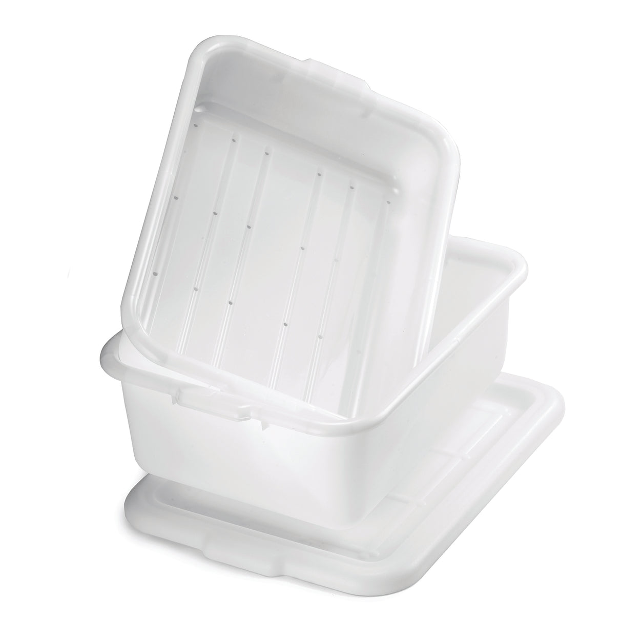 A white plastic rectangular storage bin, made from high density polyethylene and dishwasher safe, is shown with its matching lid placed underneath. The bin is partially tilted and nested inside another identical container against a plain white background.