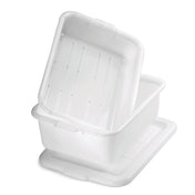 A white plastic rectangular storage bin, made from high density polyethylene and dishwasher safe, is shown with its matching lid placed underneath. The bin is partially tilted and nested inside another identical container against a plain white background.