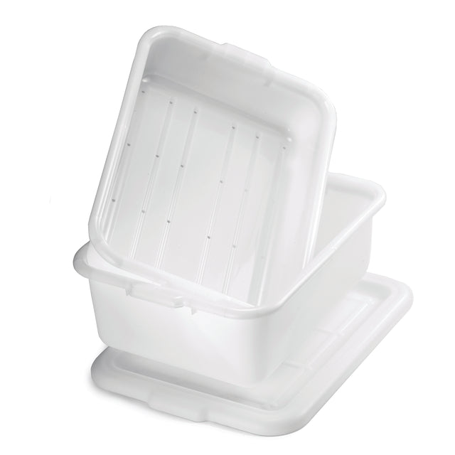 A white plastic rectangular storage bin, made from high density polyethylene and dishwasher safe, is shown with its matching lid placed underneath. The bin is partially tilted and nested inside another identical container against a plain white background.