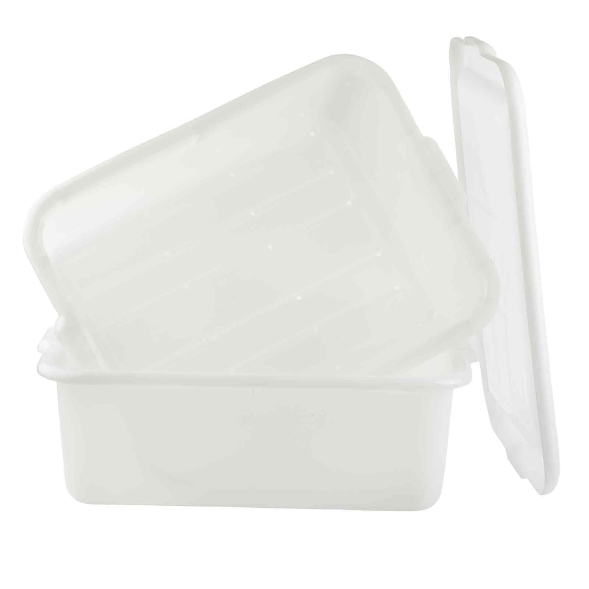 A white, rectangular storage container made from high density polyethylene is shown with its matching lid resting at an angle on top. The smooth, lightweight box features a plain white background and is dishwasher safe for easy cleaning.
