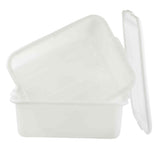 A white, rectangular storage container made from high density polyethylene is shown with its matching lid resting at an angle on top. The smooth, lightweight box features a plain white background and is dishwasher safe for easy cleaning.