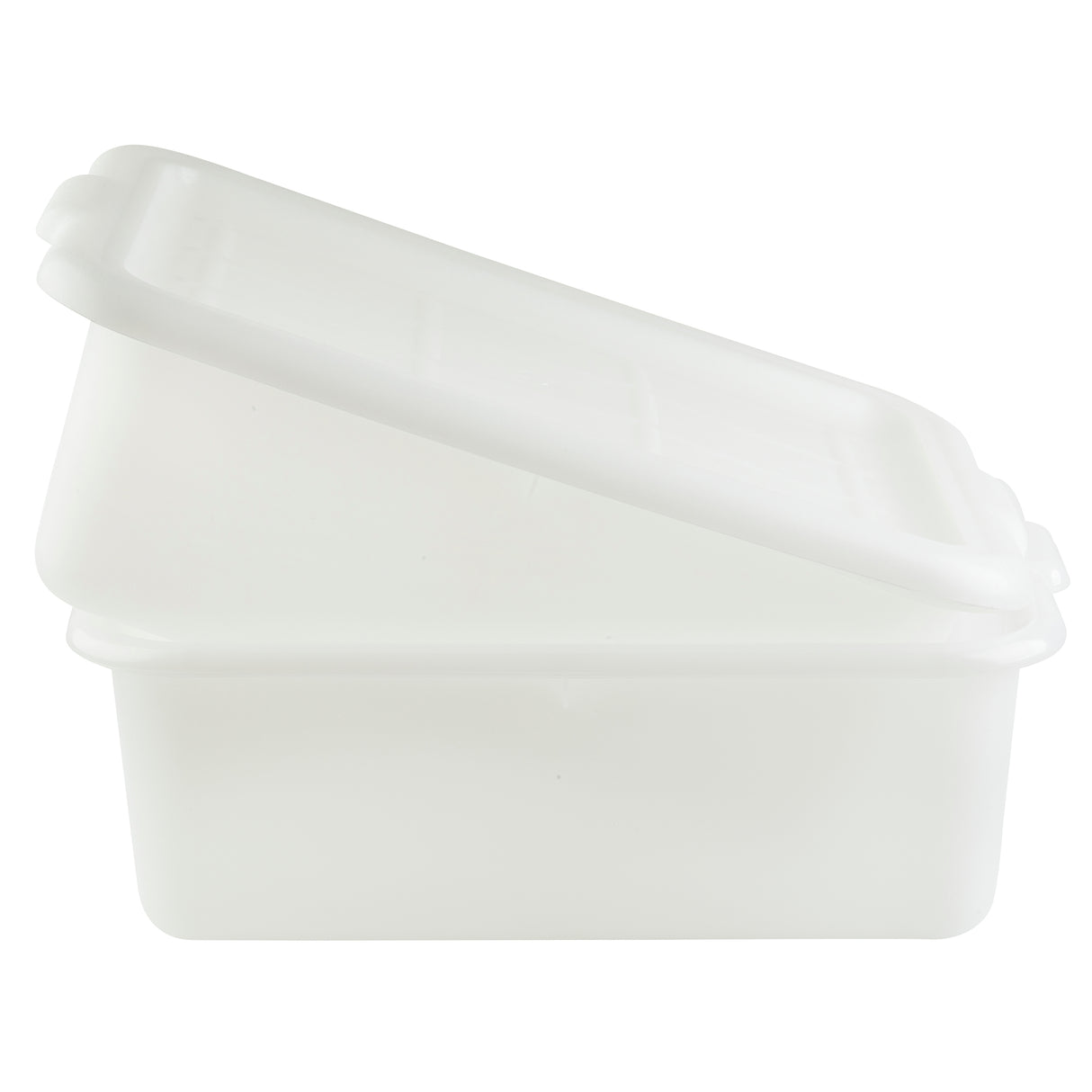 A white, rectangular high density polyethylene storage container with a matching lid propped open at an angle. The smooth, semi-opaque surface sits against a plain white background. This dishwasher safe box is designed for general storage use.