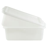 A white, rectangular high density polyethylene storage container with a matching lid propped open at an angle. The smooth, semi-opaque surface sits against a plain white background. This dishwasher safe box is designed for general storage use.