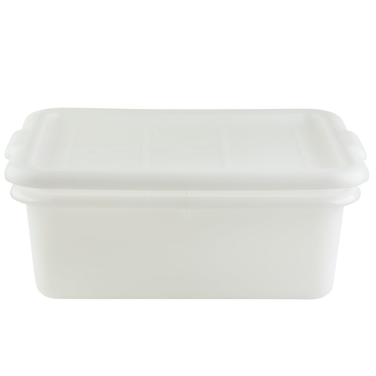 A plain, rectangular white plastic storage container with a matching fitted lid made of high density polyethylene. The container has smooth sides and rounded corners, and is photographed against a white background. It is also dishwasher safe.