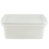 A plain, rectangular white plastic storage container with a matching fitted lid made of high density polyethylene. The container has smooth sides and rounded corners, and is photographed against a white background. It is also dishwasher safe.