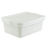 A rectangular, white plastic storage container with a fitted lid made from high density polyethylene. With smooth sides and rounded corners, this dishwasher safe container features a simple design highlighted by the plain white background.