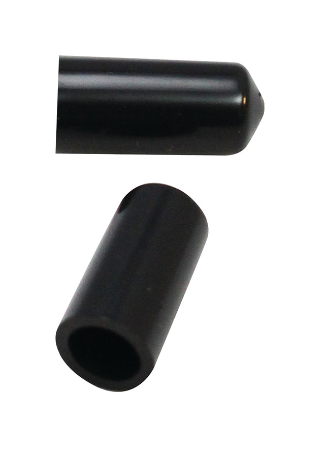 A black cylindrical liquor pourer with one rounded, closed end and an open end facing the viewer, revealing the hollow interior. This dust cap cover is dishwasher safe and set against a plain white background.