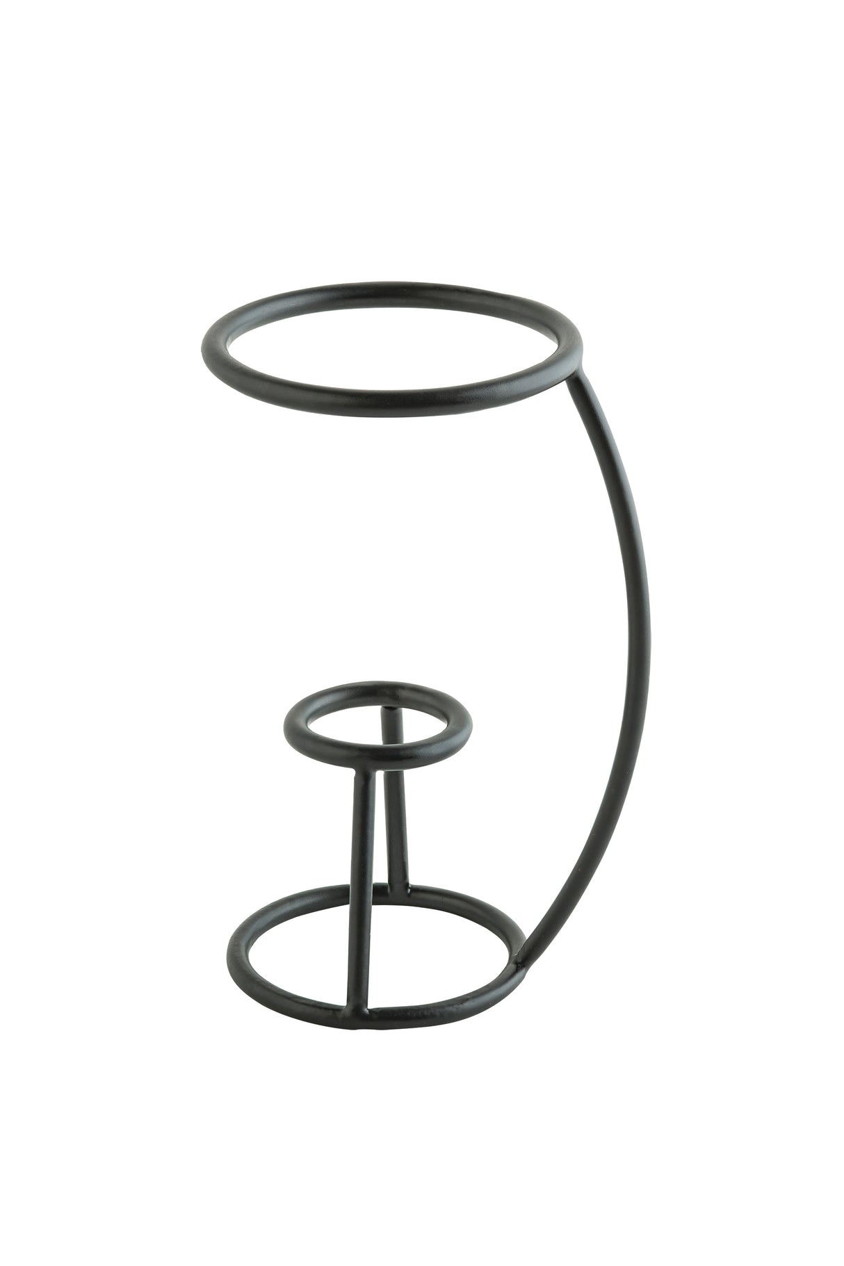 A minimalist black powder coated metal cone holder by TableCraft, featuring two circular rings connected by vertical and curved rods; the larger ring at the top sits above a smaller ring near the base, creating an open geometric structure.