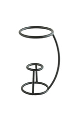 A minimalist black powder coated metal cone holder by TableCraft, featuring two circular rings connected by vertical and curved rods; the larger ring at the top sits above a smaller ring near the base, creating an open geometric structure.