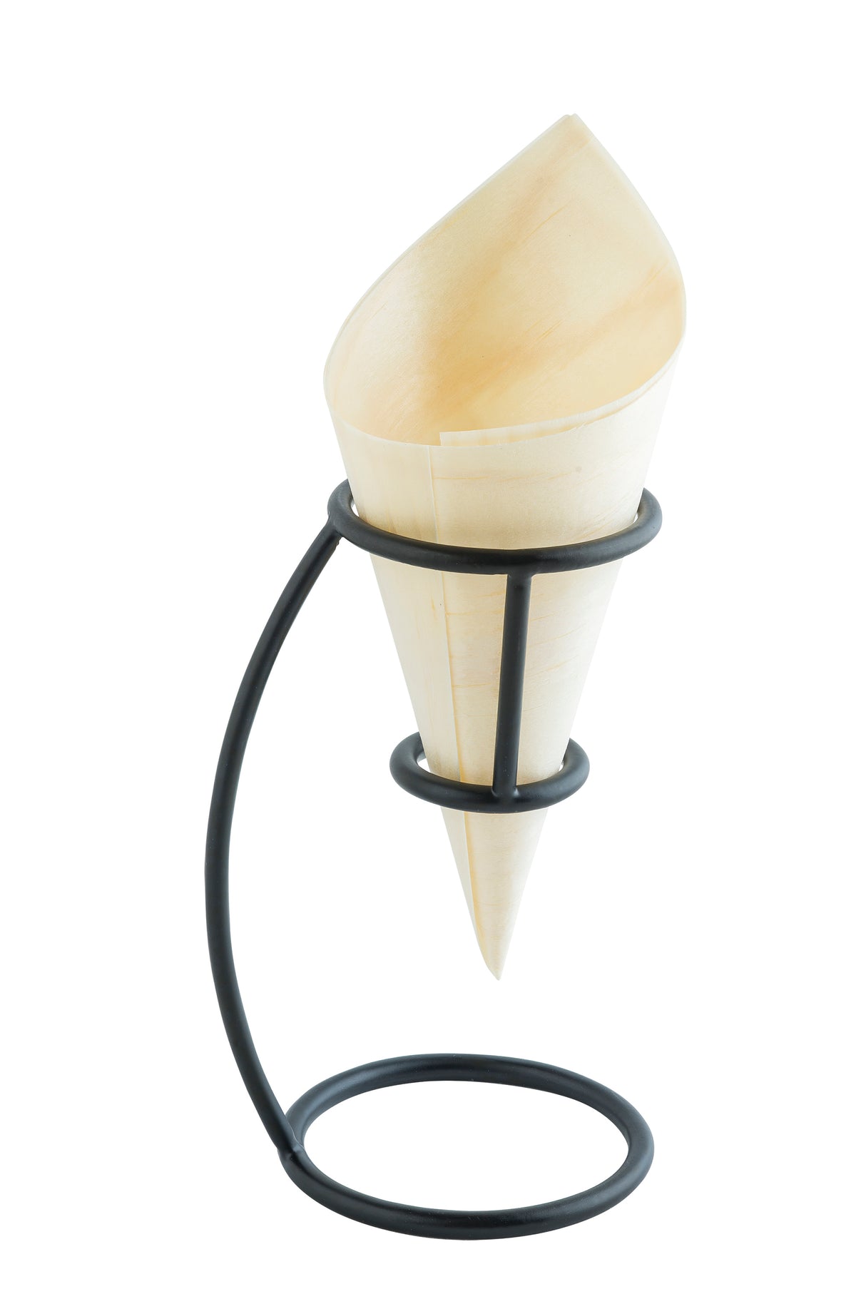 A light-colored wooden cone is held upright in a TableCraft black powder coated cone holder with circular rings at the base and midsection, displayed against a plain white background.