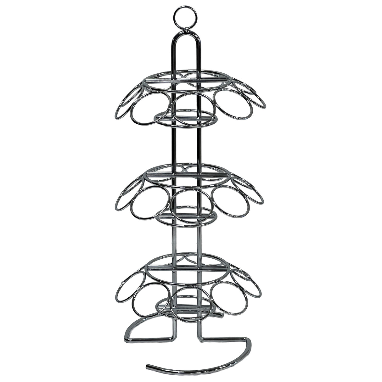 This TableCraft 3-tier stand features a silver metal design with four circular cone holders on each tier, arranged around a central pole. It includes a rounded loop handle and a stable U-shaped base, ideal for presenting cones or bottles.