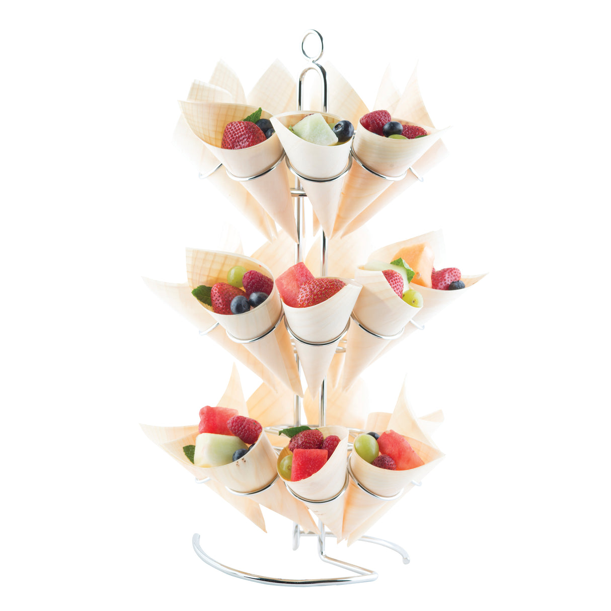 A TableCraft 3-tier cone holder displays paper cones filled with assorted fresh fruits—strawberries, blueberries, grapes, and melon slices—arranged neatly for serving or decorative presentation.