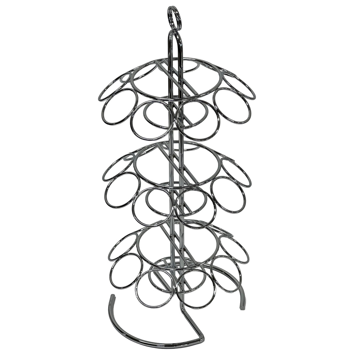 A vertical chrome metal coffee pod holder with a central pole and 3-tier circular slots, designed to hold coffee pods. The holder has a loop handle on top for easy carrying and a stable tripod base, similar in style to TableCraft’s cone holder designs.