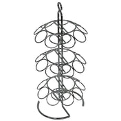 A vertical chrome metal coffee pod holder with a central pole and 3-tier circular slots, designed to hold coffee pods. The holder has a loop handle on top for easy carrying and a stable tripod base, similar in style to TableCraft’s cone holder designs.