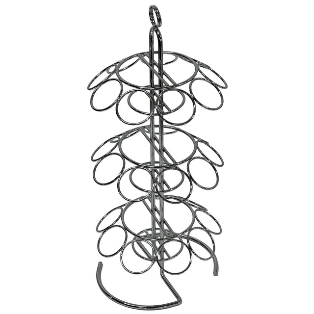 A vertical chrome metal coffee pod holder with a central pole and 3-tier circular slots, designed to hold coffee pods. The holder has a loop handle on top for easy carrying and a stable tripod base, similar in style to TableCraft’s cone holder designs.