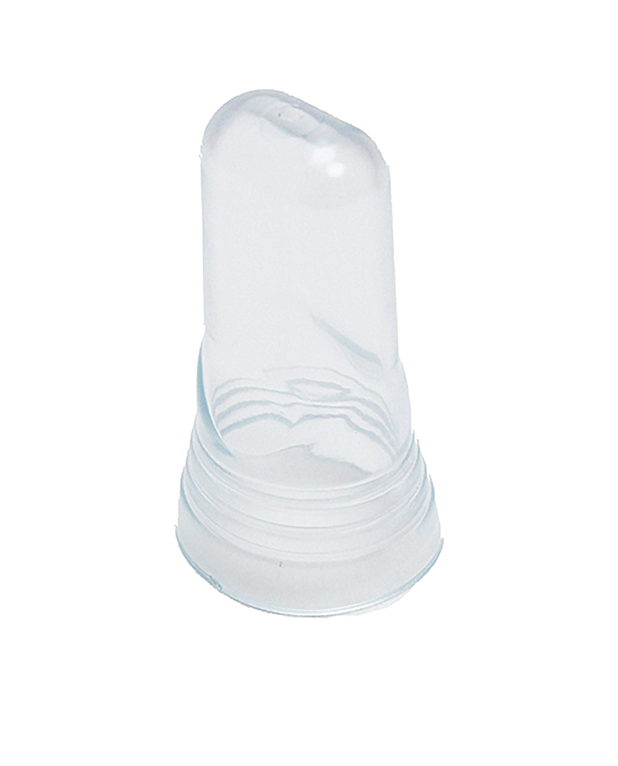 A clear, BPA free silicone finger toothbrush with soft bristles fits over an adult’s finger for gently cleaning an infant’s gums and teeth. This cylindrical brush features a rounded end, textured surface, and is dishwasher safe for easy cleaning.