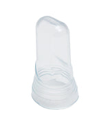 A clear, BPA free silicone finger toothbrush with soft bristles fits over an adult’s finger for gently cleaning an infant’s gums and teeth. This cylindrical brush features a rounded end, textured surface, and is dishwasher safe for easy cleaning.