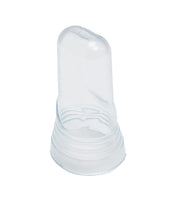 A clear, BPA free silicone finger toothbrush with soft bristles fits over an adult’s finger for gently cleaning an infant’s gums and teeth. This cylindrical brush features a rounded end, textured surface, and is dishwasher safe for easy cleaning.