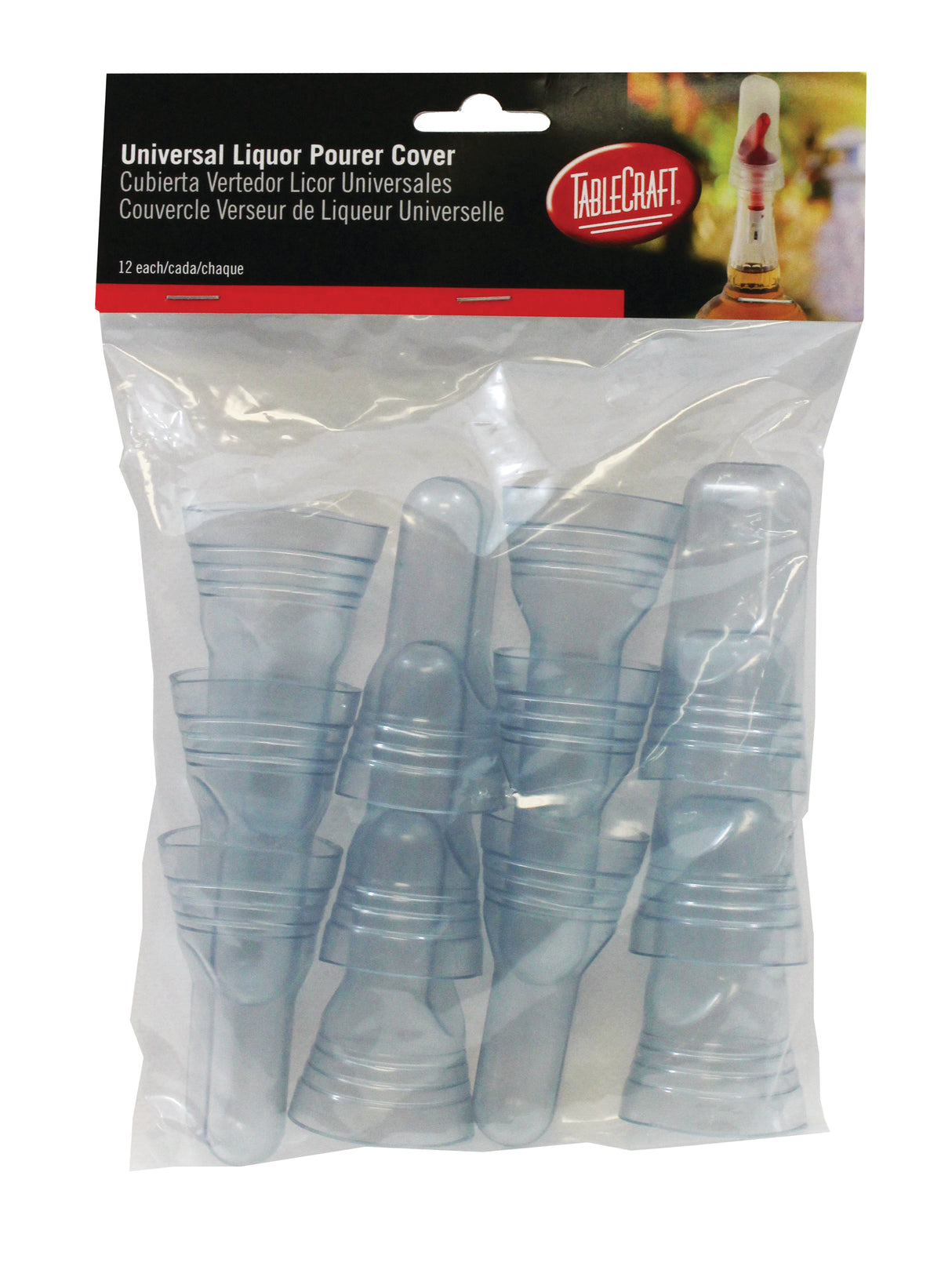 A retail package containing 12 clear, BPA free liquor pourer covers. The package displays the TableCraft brand with text in English, Spanish, and French. Dishwasher safe covers are stacked and visible through the transparent packaging.