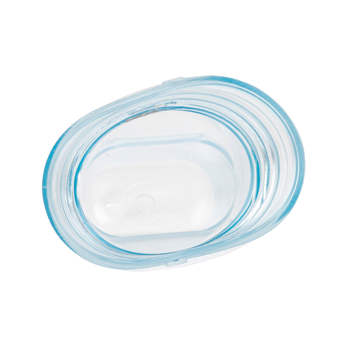 An oval-shaped, transparent plastic container with a light blue rim, viewed from above. The BPA free container is empty and set against a white background, showcasing its smooth interior and clear edges.