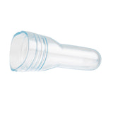 A clear, cylindrical BPA free plastic tube with threading near its wide, open end. The opposite end is rounded and closed. The object, ideal as a liquor pourer cover, is positioned horizontally on a white background.