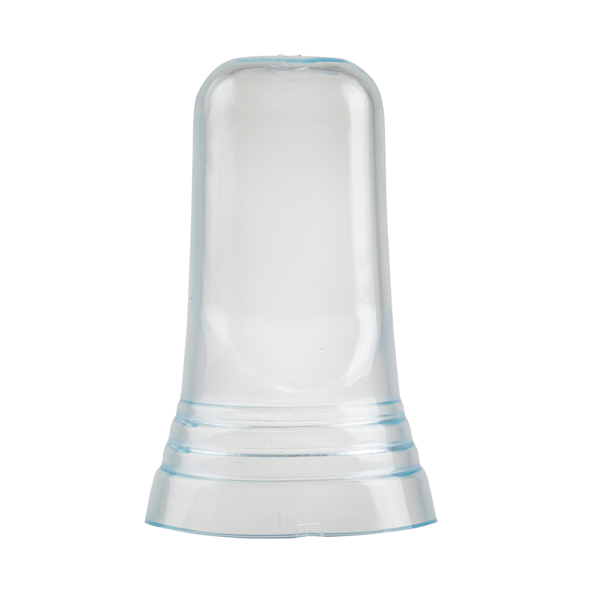 A transparent, dome-shaped plastic liquor pourer cover stands upright on a flat base. The smooth, BPA free cover features subtle blue-tinted edges and horizontal ridge details near the base, set against a plain white background.