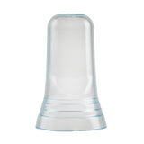A transparent, dome-shaped plastic liquor pourer cover stands upright on a flat base. The smooth, BPA free cover features subtle blue-tinted edges and horizontal ridge details near the base, set against a plain white background.