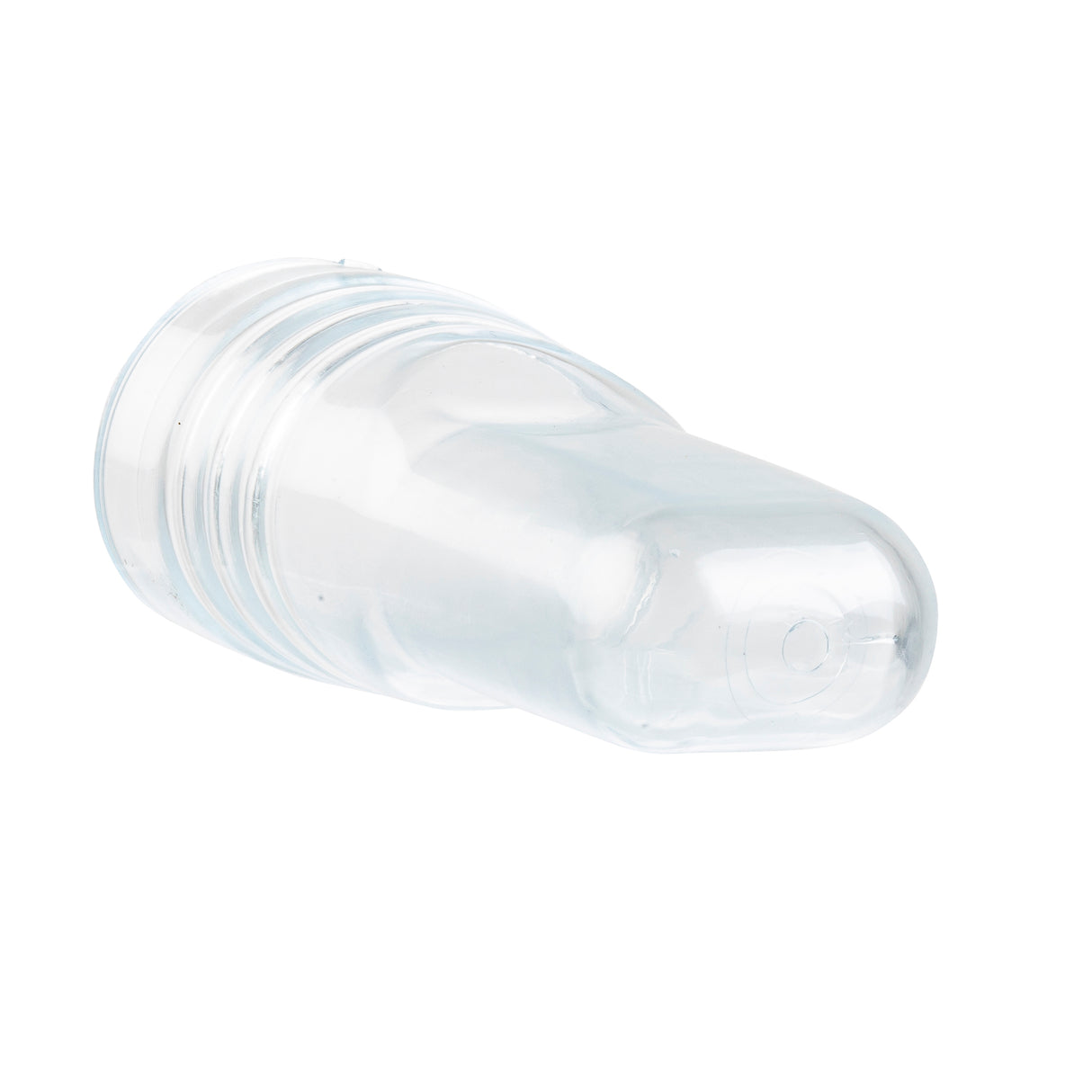A clear plastic preform, shaped like a small, thick test-tube with threading at the open end, lies on its side against a white background. BPA free and commonly used as the initial form for manufacturing plastic bottles.