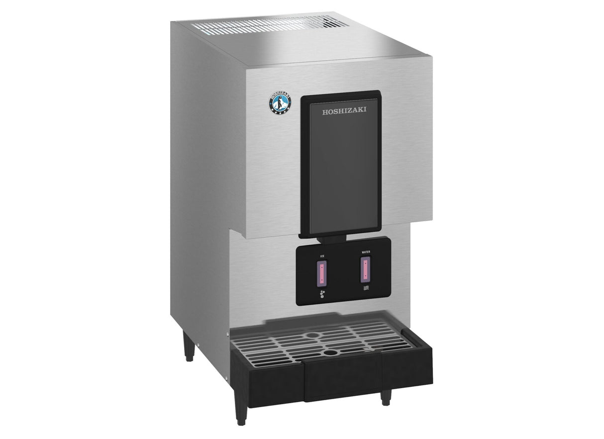 A stainless steel commercial countertop hot water dispenser with a rectangular shape, black front panel, two labeled dispensing levers, drip tray at the base, and vented top. The Hoshizaki brand is visible above the front panel—ideal alongside a Cubelet-Style system.