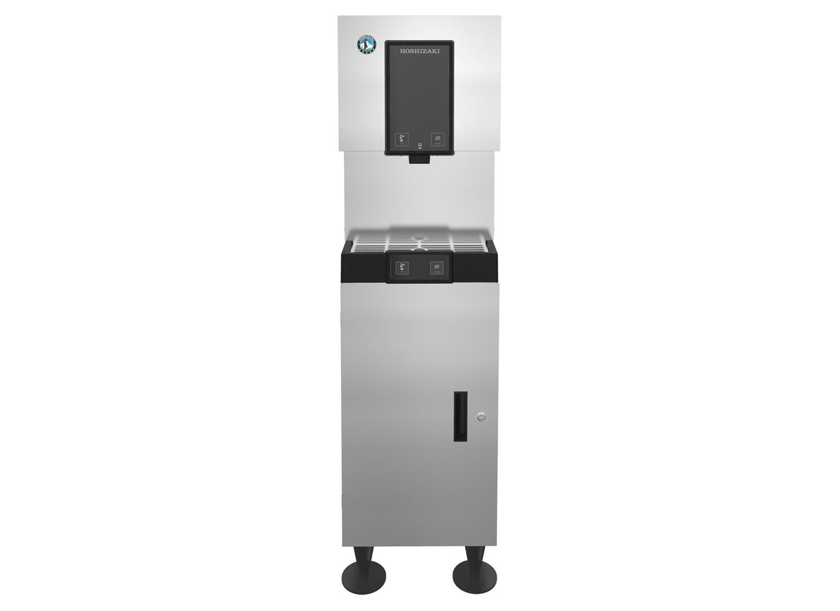 A stainless steel icemaker dispenser stands upright on four black legs. The top section features a black dispensing area with push levers, a drip tray below, and a blue logo in the top left corner. The lower section is plain with a narrow vertical window.