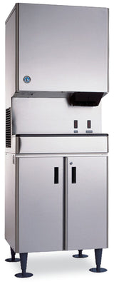 A commercial stainless steel ice maker with a large upper cubelet ice dispenser, control buttons, and a lower double-door storage compartment on adjustable legs. The exterior features a sleek, industrial design with side ventilation.