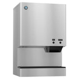 A stainless steel Cubelet-Style ice maker and water dispenser featuring a small spout area, rectangular design, two black buttons labeled “ICE” and “WATER,” a logo at the top left, and a black drip tray at the bottom.