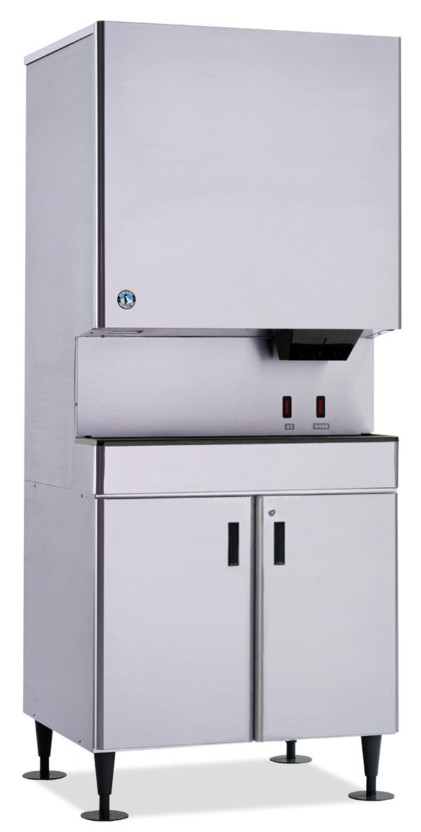 A large, stainless steel Hoshizaki DCM-751BWH commercial ice machine with a boxy top, control buttons, and double-door cabinet stands on four black legs—an Opti-Serve Ice Maker designed for kitchens or restaurants seeking a sleek, industrial look.