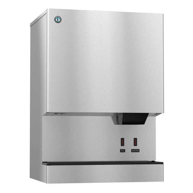 A sleek, stainless steel Hoshizaki DCM-751BWH Opti-Serve Ice Maker and Cubelet-Style Water Dispenser, wall-mounted with two rectangular indicator lights labeled “ICE” and “WATER” above a modern black dispensing area.