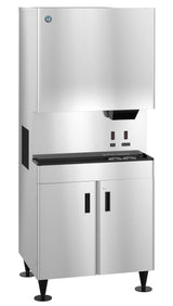 A large, stainless steel Cubelet-Style ice maker and water dispenser machine with two doors at the bottom, a dispensing area in the center, and push levers above. It stands on four sturdy legs and features a sleek, industrial design.