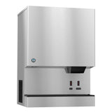 A stainless steel commercial Cubelet-Style Ice Maker and Water Dispenser mounted on a wall. It features a large sleek front panel, two labeled buttons with indicator lights, a dispensing chute below, and ventilation grilles on the left side.