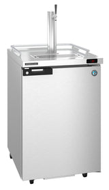 A Hoshizaki stainless steel Draft Beer Cooler with a single tap Direct Draw tower, digital temperature display, horizontal handle on the upper left door, small wheels, manufacturer logo, and thermostat gauge on the front.