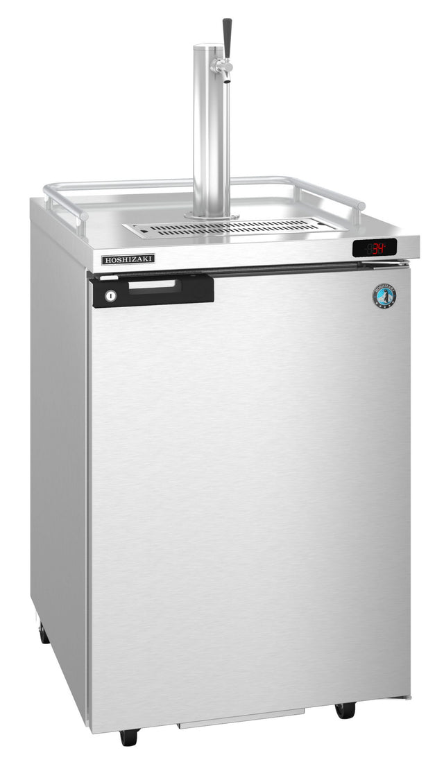 A Hoshizaki stainless steel Draft Beer Cooler with a single tap Direct Draw tower, digital temperature display, horizontal handle on the upper left door, small wheels, manufacturer logo, and thermostat gauge on the front.