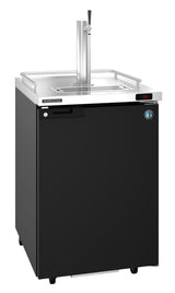 A black draft beer cooler with a stainless steel tap tower and single beer tap on top, drip tray below, front door with a small round logo, and digital temperature display on the upper right. This direct draw keg cooler stands on small wheels.
